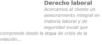 ﷯Derecho laboral
Acercamos al cliente un asesoramiento integral en materia laboral y de seguridad social que comprende desde la etapa de crisis de la relación...