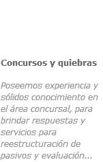 ﷯Concursos y quiebras
 Poseemos experiencia y sólidos conocimiento en el área concursal, para brindar respuestas y servicios para reestructuración de pasivos y evaluación...